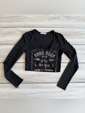 Adika Hard Rock Saloon Long Sleeve Crop Top Black Small EUC